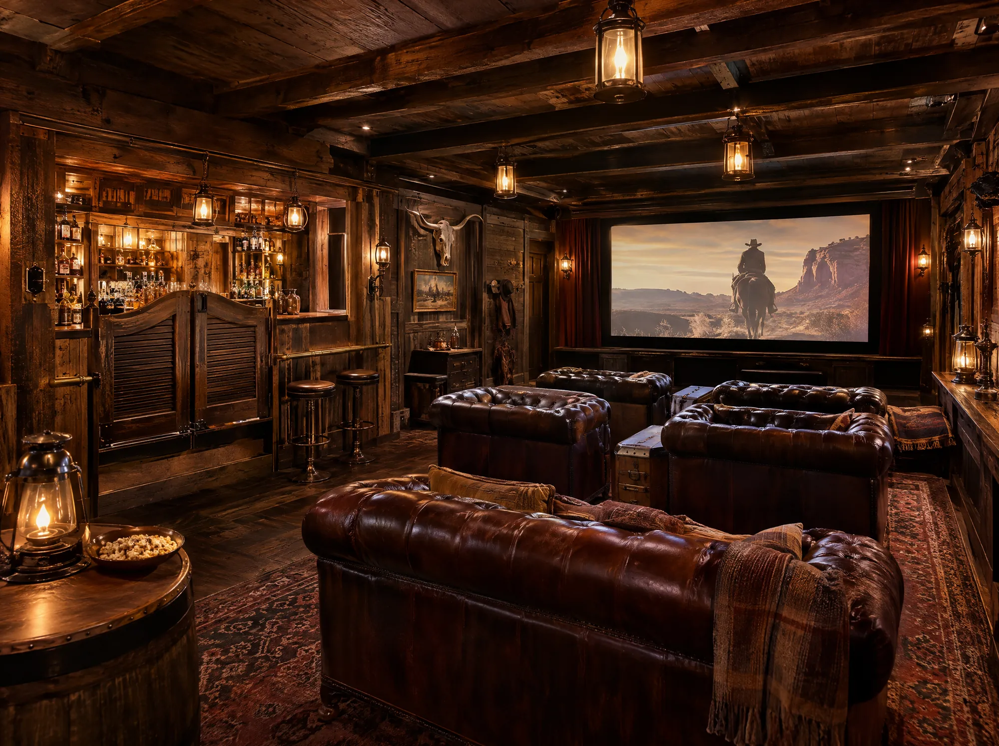 Western saloon-themed cinema with aged timber walls