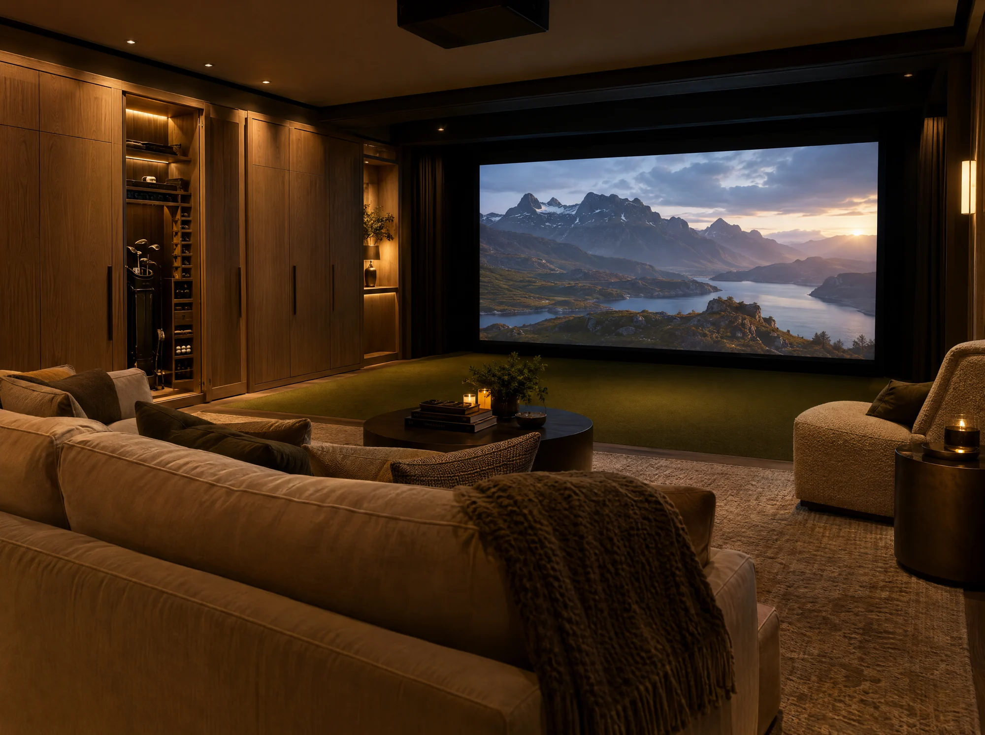 Dual-purpose entertainment room arranged in cinema mode