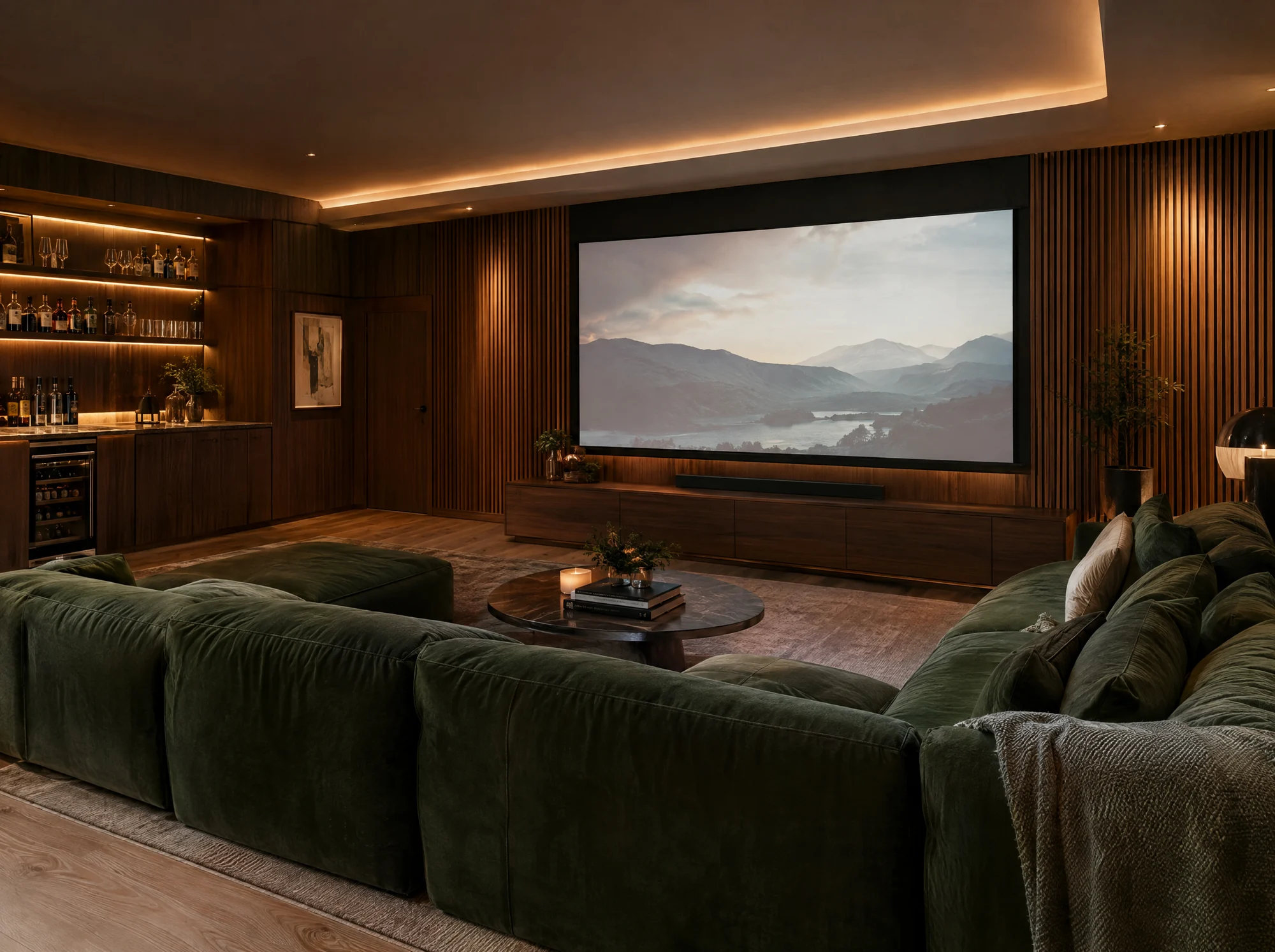 Cinema lounge with integrated bar and entertaining space