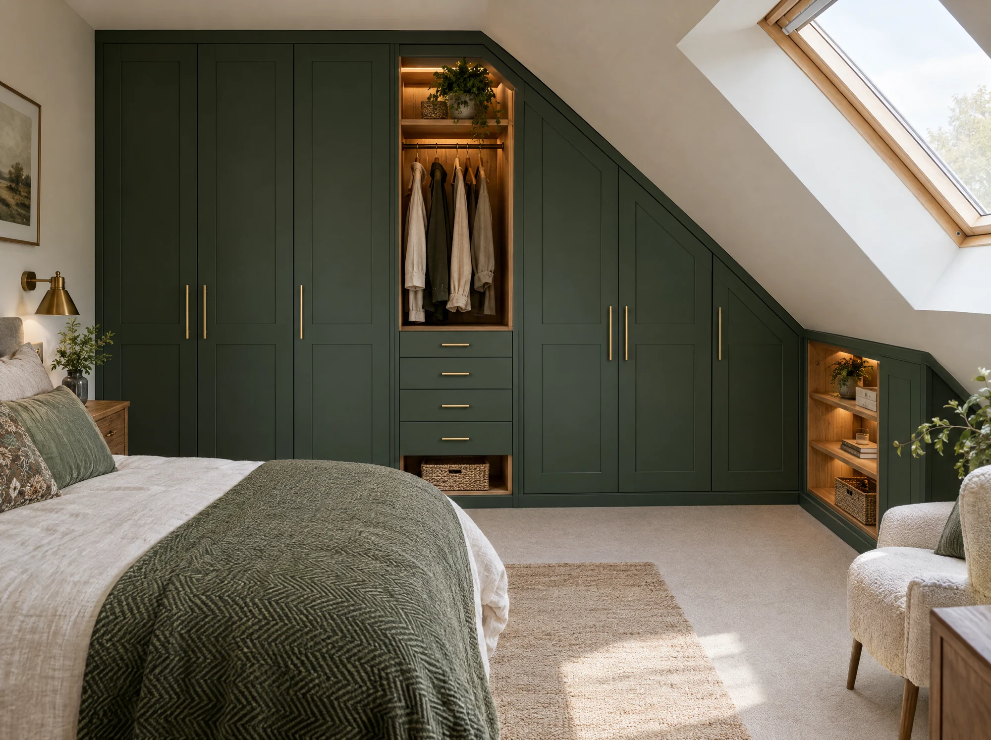 Fitted wardrobes made around a sloping loft ceiling