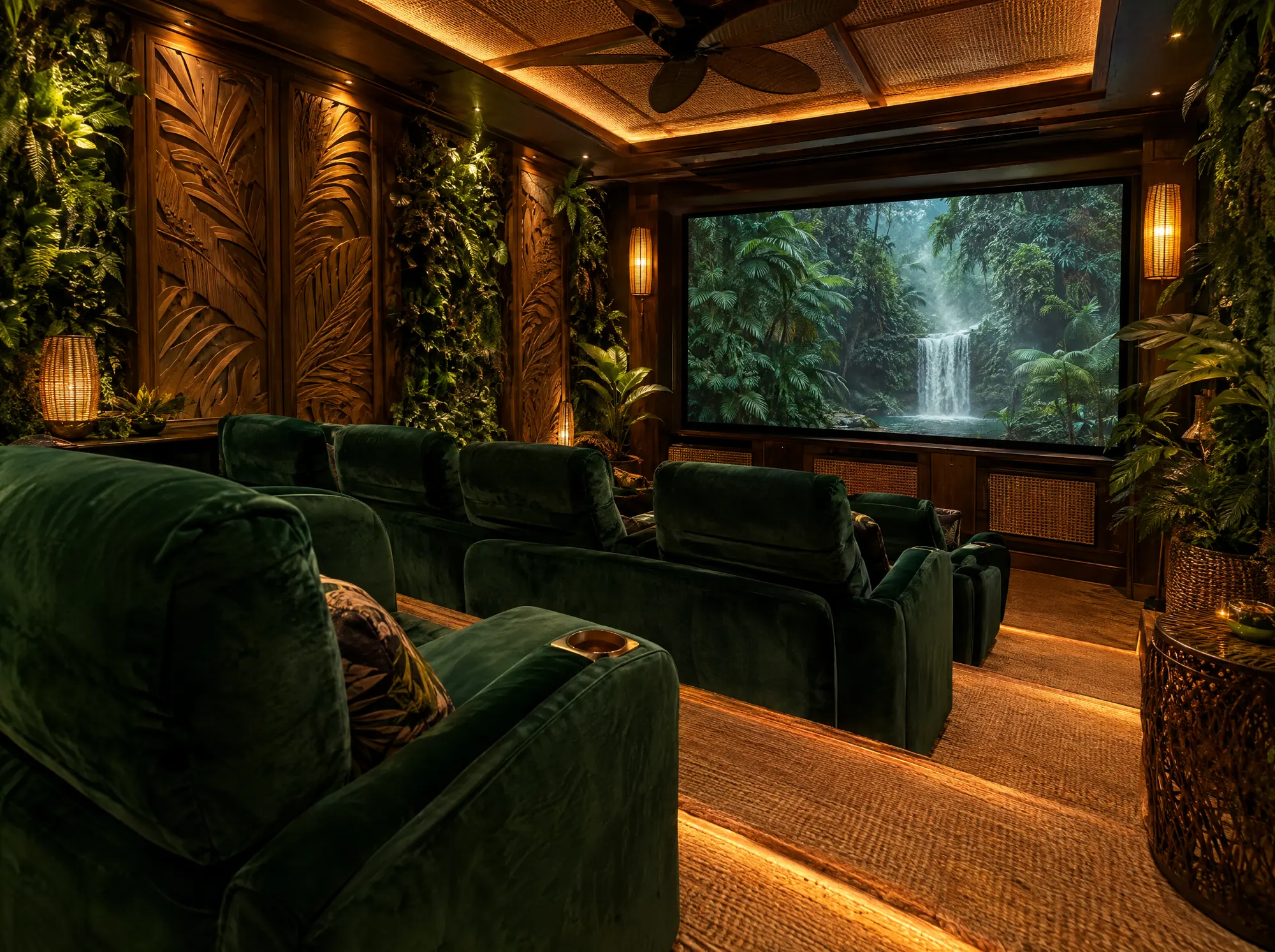 Jungle-themed cinema with sculpted scenery and foliage