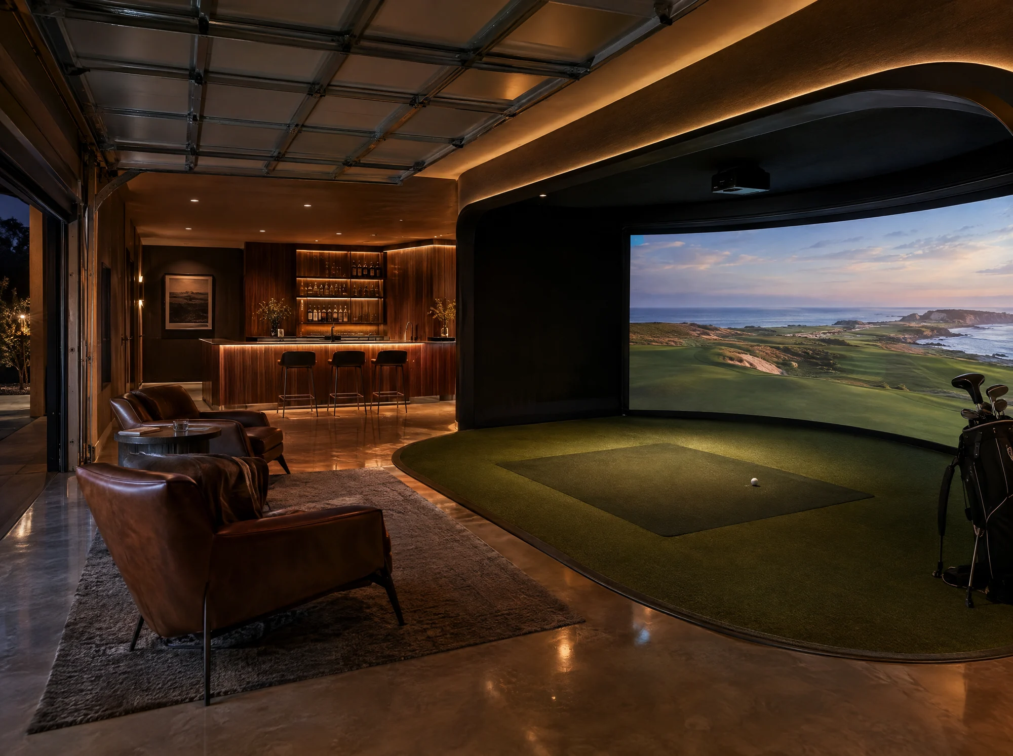 Garage converted into a fitted golf simulator room