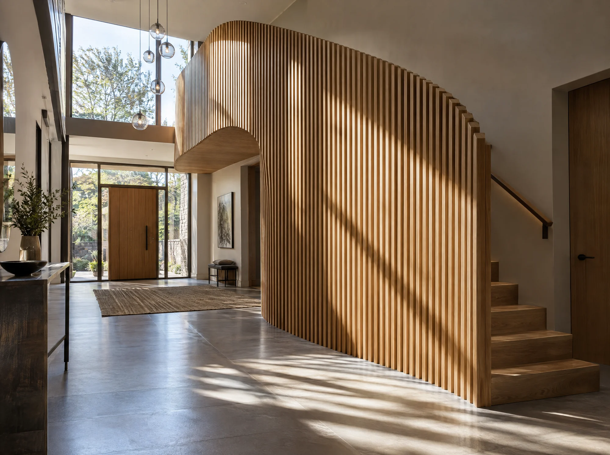Sculptural oak batten wave screen feature