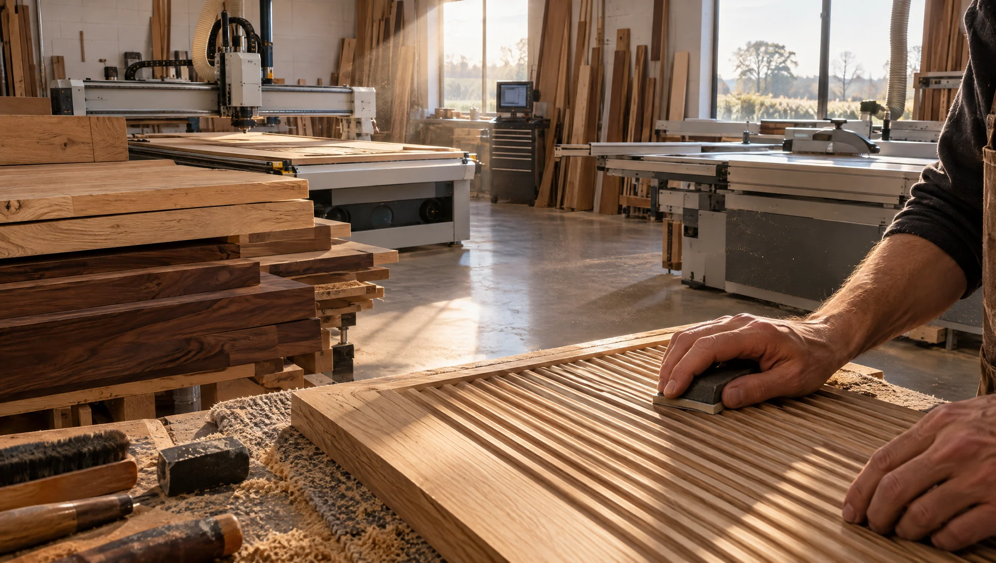 Joiner working at a bench inside the StS Joinery Studio workshop